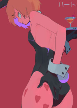 1boy androgynous animal_ears ass black_gloves black_leotard blonde_hair cocktail_glass cup drinking_glass fake_animal_ears fake_tail from_behind fucafucamold gloves green_eyes hand_on_own_ass heart heart_print huge_ass leotard male_focus male_playboy_bunny olive original rabbit_ears rabbit_tail red_background short_hair solo strapless strapless_leotard tail teardrop trap waiter wrist_cuffs