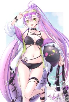 1girl :d allymidorikawa bag bikini black_bikini black_collar blush breasts cleavage collar collarbone crossed_bangs ear_piercing eyewear_on_head floating_hair gluteal_fold green_eyes high_ponytail highres holding holding_bag hololive innertube leg_up long_hair looking_at_viewer medium_breasts navel navel_piercing open_mouth piercing pink-tinted_eyewear ponytail purple_hair smile solo standing standing_on_one_leg sunglasses swim_ring swimsuit thigh_gap thigh_strap tinted_eyewear tokoyami_towa very_long_hair virtual_youtuber