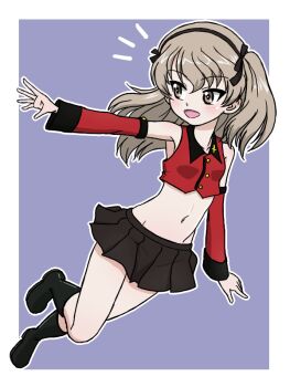 1girl adapted_costume birthday black_boots black_hairband black_ribbon black_skirt blue_background boots breasts detached_sleeves girls_und_panzer grey_eyes grey_hair hair_ribbon hairband jacket long_hair miniskirt one_side_up open_mouth pleated_skirt reaching red_jacket ribbon shimada_arisu skirt small_breasts smile takahashi_kurage