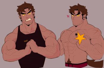 Rule 34 | 1boy, abs, anger vein, arm hair, armpit hair, armpit hair peek, bara, biceps, black tank top, broad shoulders, brown hair, censored, chest hair, clenched teeth, colored sclera, cracking knuckles, danny (fenwolf), earrings, fang, fang out, fangs, fenrir (fenwolf), frown, grey background, highres, jewelry, large pectorals, male focus, male underwear, middle finger, multiple views, muscular, muscular male, nipples, novelty censor, orange eyes, original, pectorals, pointy ears, pubic hair, pubic hair peek, red male underwear, scar, scar on shoulder, shoulder hair, simple background, solo, star (symbol), stomach hair, stuffed toy, tail, tank top, teeth, thick arms, thick eyebrows, topless male, underwear, upper body, v-taper, wolf tail, yellow eyes, yellow sclera