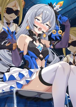 3girls @_@ black_dress blonde_hair bronya_zaychik bronya_zaychik_(herrscher_of_reason) commission crossed_bangs dress earrings elbow_gloves empty_eyes gloves grey_hair hair_ornament herrscher_of_dominance highres holding holding_pendulum honkai_(series) honkai_impact_3rd hypnosis jewelry layered_skirt mind_control multiple_girls open_mouth panties pendulum pixiv_commission purple_gloves realdoll sex_doll shimouki_izui sidelocks skirt smile sweat thighhighs underwear v w white_panties white_skirt white_thighhighs