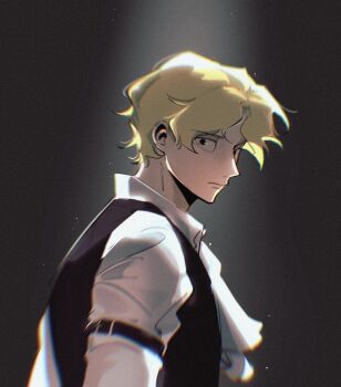 Rule 34 | 1boy, arm strap, arrrrrrrrrrrow, ascot, black vest, blonde hair, closed mouth, from side, gradient background, looking at viewer, male focus, one piece, sabo (one piece), shirt, short hair, solo, upper body, vest, white ascot, white shirt, wing collar