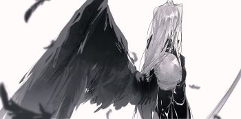 Rule 34 | 1boy, armor, black coat, black feathers, black wings, coat, ddddctb, facing away, falling feathers, feathered wings, feathers, final fantasy, final fantasy vii, from behind, grey hair, hashtag-only commentary, highres, holding, holding sword, holding weapon, long hair, male focus, parted bangs, pauldrons, sephiroth, shoulder armor, single wing, solo, sword, upper body, weapon, white background, wings