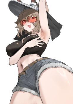 1girl absurdres alternate_breast_size_(larger) animal_ears arknights arm_behind_head arm_up armpit_focus armpits bandeau belt black_bandeau blush breasts brown_hair caper_(arknights) caper_(summer_flowers)_(arknights) commentary cowboy_shot denim denim_shorts from_below highres kora574 large_breasts looking_at_viewer looking_down navel official_alternate_costume open_mouth paid_reward_available presenting_armpit rabbit_ears red-tinted_eyewear red_eyes short_shorts shorts simple_background smile solo spread_armpit sunglasses thighs tinted_eyewear torn_clothes torn_shorts variant_set visor_cap white_background