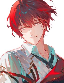Rule 34 | 1boy, bishounen, collared shirt, commentary, fern (bhbtr), hair between eyes, highres, male focus, open collar, original, parted hair, red hair, shirt, simple background, smile, solo, upper body, white background, white eyes, white shirt, wing collar