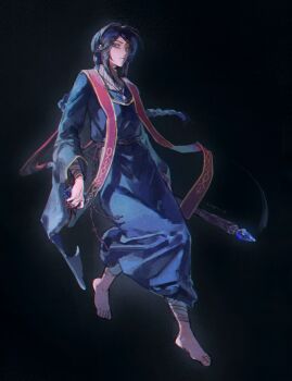 1girl 2025 bandaged_arm bandaged_leg bandages barefoot black_background black_hair blue_robe braid commentary_request elden_ring feet highres holding lengdong_shui_xi_chong mage_staff painting_(medium) robe simple_background sorceress_sellen staff traditional_media