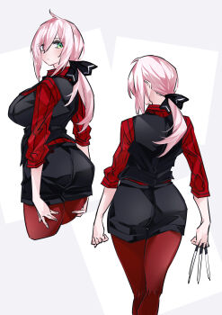 Rule 34 | absurdres, ass, between fingers, black necktie, black ribbon, black shorts, black vest, breasts, cowboy shot, from behind, green eyes, hair ribbon, highres, holding, holding knife, knife, knives between fingers, large breasts, low ponytail, medium hair, necktie, original, pantyhose, pink hair, ponytail, red pantyhose, red shirt, ribbon, rinrikoko, shirt, shorts, sidelocks, striped clothes, striped shirt, twisted torso, vest