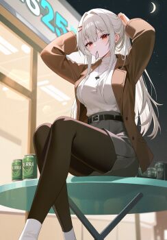 1girl absurdres arms_up belt breasts brown_coat brown_pantyhose can coat commentary_request grey_shorts hair_intakes hair_ornament hair_tie_in_mouth hairclip high-waist_shorts highres iyusei_02 jewelry large_breasts long_hair long_sleeves looking_at_viewer mouth_hold necklace night on_table open_clothes open_coat original outdoors pantyhose ponytail red_eyes shirt shirt_tucked_in short_shorts shorts sidelocks sitting socks solo table white_hair white_shirt white_socks