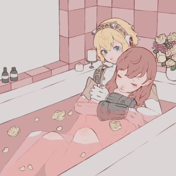 2girls absurdres aigis_(persona) android bath bathing blonde_hair bottle bouquet brown_hair candle closed_mouth flower headset highres hug hug_from_behind mechanical_arms multiple_girls partially_submerged persona persona_3 persona_3_portable shared_bathing shiomi_kotone tbjj1208 water yuri
