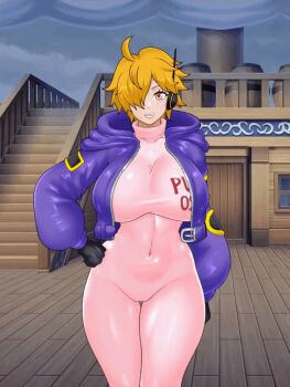 1girl animated animated_gif bodysuit breasts covered_navel curvy feet_out_of_frame gloves hair_over_one_eye hand_on_own_hip jacket konnandaakke large_breasts looking_at_viewer naughty_face one_piece open_clothes open_jacket orange_hair outdoors pink_bodysuit pink_eyes purple_jacket shiny_clothes vegapunk_lilith wide_hips