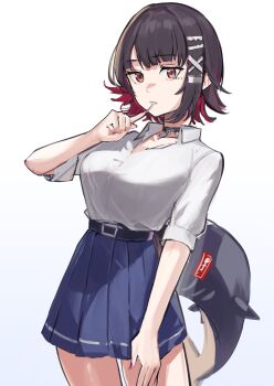 1girl black_choker black_hair blue_skirt breasts choker commentary_request ellen_joe ellen_joe_(on_campus) fins fish_tail gradient_background grey_background highres looking_at_viewer mole mole_under_eye official_alternate_costume pleated_skirt red_eyes revision school_uniform shark_girl shark_tail shirt short_hair skirt solo solokitsune tail white_shirt zenless_zone_zero