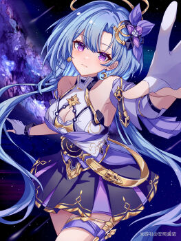 1girl an_xi_jiangzi bare_shoulders black_dress breasts chinese_commentary cleavage commentary_request crescent crescent_earrings detached_sleeves dress earrings gloves griseo griseo_(cosmic_expression) halo highres honkai_(series) honkai_impact_3rd jewelry large_breasts long_hair looking_at_viewer miyoushe_watermark partially_submerged purple_hair sky solo star_(sky) starry_sky thighs very_long_hair watermark white_gloves