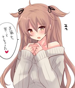 1girl alternate_costume brown_eyes brown_hair commentary_request dress dutch_angle grey_dress hair_flaps heterochromia highres hirune_(konekonelkk) index_fingers_together kantai_collection looking_at_viewer murasame_(kancolle) murasame_kai_ni_(kancolle) neckerchief off-shoulder_dress off-shoulder_sweater off_shoulder ribbed_dress simple_background solo sweater sweater_dress translation_request two_side_up upper_body white_background