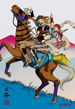 Rule 34 | 2boys, araki hirohiko (style), beanie, belt, black bridal gauntlets, blue sleeves, bridal gauntlets, brown pants, cape, cowboy hat, cowboy western, feathers, fine art parody, from side, gold teeth, grass, green lips, grey belt, grey cape, grey hoodie, grey pants, grey sleeves, gyro zeppeli, hat, heart ornament, highres, holding, holding reins, hood, hood down, hoodie, horizon, horse, horseback riding, horseshoe hat ornament, horseshoe ornament, jjba kk, johnny joestar, jojo no kimyou na bouken, long hair, looking at viewer, looking to the side, male focus, mountain, mountainous horizon, multiple boys, napoleon crossing the alps, nihonga, orange hair, outdoors, outstretched arm, pants, parody, pointing, pointing up, purple mask, red hat, red hood, red shirt, red sleeves, reins, riding, saddle, shirt, sitting, spurs, star (symbol), star print, steel ball run, twitter username, two-tone sleeves, ukiyo-e, valkyrie (jojo), watermark, white background