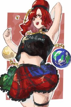 1girl arm_up armpits black_shirt blue_skirt chain clothes_writing collar crop_top hand_up hecatia_lapislazuli medium_hair navel oftooon open_mouth plaid_clothes plaid_skirt pleated_skirt red_eyes red_hair red_skirt shirt skirt smug solo teeth thigh_strap touhou two-tone_skirt upper_teeth_only