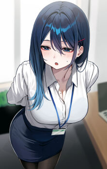 1girl :o absurdres arms_behind_back black_hair black_pantyhose black_skirt blue_eyes blue_hair blurry blurry_background breasts cleavage collared_shirt computer dress_shirt gradient_hair hair_between_eyes hair_ornament hairclip highres indoors kouhai-chan_(udon) lanyard laptop large_breasts leaning_forward long_sleeves mole mole_on_breast multicolored_hair office_lady open_mouth original pantyhose shirt skirt standing two-tone_hair udon_(udonalium) white_shirt window