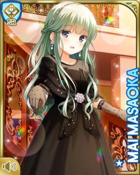 1girl black_dress black_gloves card_(medium) character_name dress earrings flower girlfriend_(kari) gloves grey_eyes indoors jewelry long_hair looking_at_viewer mansion masaoka_mai night official_art open_mouth qp:flapper rose smile solo_focus standing white_flower white_rose