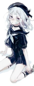 Rule 34 | 1girl, absurdres, bandaid, bandaid on face, choker, commentary request, flat chest, hat, highres, kurashiki touka, looking at viewer, medium hair, original, pale skin, sailor, sailor collar, sailor hat, shorts, simple background, sitting, solo, white background, white eyes, white hair