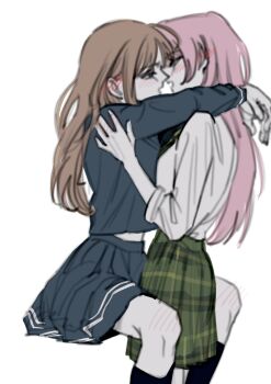 12thfog 2girls arms_around_neck bang_dream! bang_dream!_it&#039;s_mygo!!!!! between_legs blue_shirt blue_skirt blush brown_hair chihaya_anon commentary ear_blush green_shirt haneoka_school_uniform hashtag-only_commentary highres imminent_kiss knee_blush long_hair multiple_girls nagasaki_soyo open_mouth pink_hair plaid_clothes plaid_skirt pleated_skirt school_uniform shirt simple_background skirt tsukinomori_school_uniform white_background white_shirt yuri