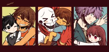 >_< 1girl 1other 4boys :d androgynous antenna_hair artist_name black_eyes black_hair black_sweater_vest blush boots bright_pupils brown_boots brown_hair closed_eyes closed_mouth collared_shirt colored_skin commentary dark-skinned_male dark_skin double-parted_bangs english_commentary frisk_(undertale) garry_(ib) gloves grin hair_between_eyes highres hug hug_from_behind ib_(ib) ib_(kouri) kel_(faraway)_(omori) kel_(omori) long_sleeves looking_at_another multiple_boys omochi8604 omori one_eye_closed open_mouth papyrus_(undertale) parted_lips pout purple_hair red_eyes red_gloves shirt short_hair short_sleeves smile sunny_(omori) sweatdrop sweater_vest teeth twitter_username undertale utdr_(toby_fox) white_pupils white_shirt xd yellow_skin