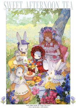1girl 4others absurdres animal baiguiyu blue_flower bonnet bow braid brown_hair cake commentary cup dress field flower food fruit gloves grass head_wings highres lace multiple_others orange_(fruit) orange_bonnet orange_dress original picnic_blanket pink_dress rabbit red_bonnet red_eyes red_flower symbol-only_commentary tea_party teacup tree twin_braids white_gloves wings