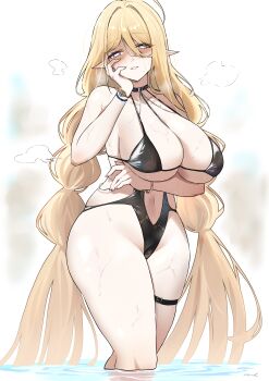 absurdres azur_lane black_one-piece_swimsuit blonde_hair breasts clothing_cutout commentary_request commission cosplay gouden_leeuw_(azur_lane) heart heart-shaped_pupils heart_in_eye highres huge_breasts long_hair looking_at_viewer mogador_(azur_lane) mogador_(azur_lane)_(cosplay) mogador_(locker_room_lechery)_(azur_lane) mush_(mushlicious) navel_cutout one-piece_swimsuit partially_submerged pixiv_commission pointy_ears smile swimsuit symbol-shaped_pupils symbol_in_eye very_long_hair wet