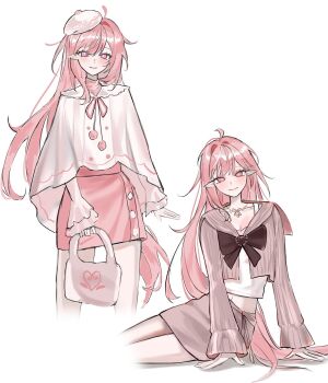 2girls ahoge alternate_costume bag beret breasts cleavage commentary company_connection cyrene_(demiurge)_(honkai:_star_rail) cyrene_(honkai:_star_rail) elysia_(hi_love_elf)_(honkai_impact) elysia_(honkai_impact) english_commentary handbag hat highres holding holding_bag honkai:_star_rail honkai_(series) honkai_impact_3rd inoue_marina long_hair looking_at_viewer midriff_peek multiple_girls navel pink_eyes pink_hair pink_skirt pointy_ears purple_skirt purple_sweater shirt simple_background skirt smile ssamsa0404 sweater thighs very_long_hair voice_actor_connection white_background white_shirt yanning