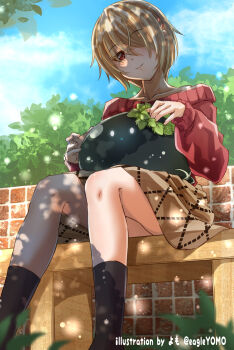 1girl 1other artist_name brown_hair commentary_request hair_over_one_eye heaven_burns_red highres kayamori_ruka narby_(heaven_burns_red) on_bench red_eyes rock short_hair sitting slime_(creature) tree_shade twitter_username yomo