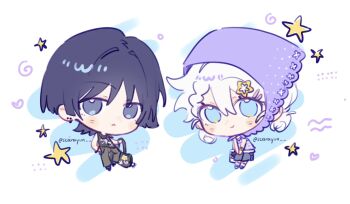 Rule 34 | 1boy, 1girl, :<, alternate costume, arm at side, bag, black bag, black hair, black tank top, blue eyes, blunt ends, blush, bracelet, braid, braided bangs, bright pupils, casual, chibi, chibi only, choppy bangs, closed mouth, contemporary, double bun, earrings, full body, genshin impact, grey eyes, grey pants, grey shorts, hair between eyes, hair bun, hair intakes, hair ornament, hairclip, hand in pocket, hand up, handbag, headscarf, heart, highres, holding, holding bag, jewelry, looking at viewer, medium hair, oc x canon, original, pants, plaid clothes, plaid shirt, purple shirt, purple shoes, scaramouche (genshin impact), shirt, shoes, shorts, smile, socks, star (symbol), star hair ornament, swirl, tank top, twitter username, white background, white bag, white pupils, white socks, yunhhj