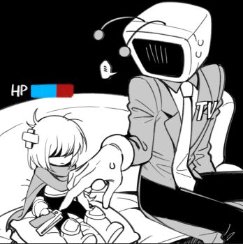 ... 1boy 1other ant_tenna armor boots cape claws collared_shirt couch crt deltarune gloves health_bar holding_hands kris_(dark_world)_(deltarune) kris_(deltarune) nail_clippers necktie object_head on_couch on_pillow pants partially_shaded_face radio_antenna shirt shiwu15 short_hair sitting size_difference spoken_ellipsis sweat tailcoat utdr_(toby_fox)