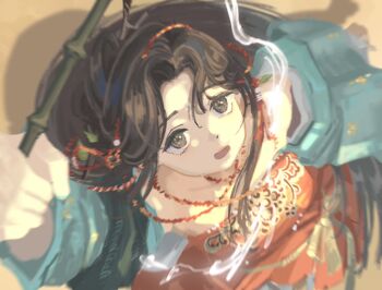 Rule 34 | 1girl, :o, arm up, bare shoulders, black eyes, black hair, chinese clothes, dipper, dress, from above, green sleeves, hair branch, hair bun, highres, holding, holding spoon, jiu niangzi, long hair, looking up, open mouth, red dress, reverse:1999, si'er'er'er, solo, spoon, upper body, yellow background