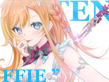 1girl :p absurdres apron aqua_eyes armlet black_bow black_bowtie blonde_hair blush bow bowtie braid breasts character_name chicanaction commentary detached_collar escoffier_(genshin_impact) genshin_impact hair_ornament heart heart_hair_ornament heart_in_eye highres jewelry long_hair looking_at_viewer mindscape_cinema_(zenless_zone_zero) sideboob sidelocks solo symbol_in_eye tongue tongue_out white_apron white_background