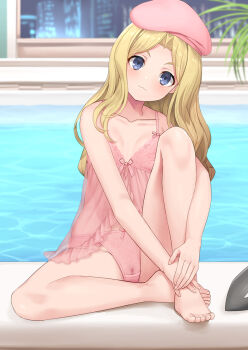 1girl :3 barefoot beret blonde_hair blue_eyes bow bow_panties breasts cameltoe camisole closed_mouth collarbone commentary_request crotch_seam duplicate frenda_seivelun full_body hands_on_feet hat knee_up long_hair looking_at_viewer paid_reward_available panties pink_camisole pink_hat pink_panties pool poolside sitting small_breasts soles solo toaru_majutsu_no_index toes torimaru underwear wavy_hair