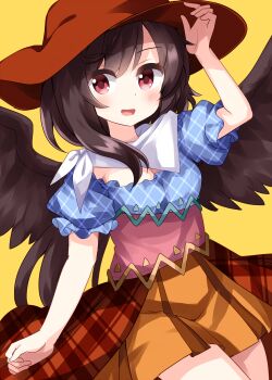 1girl bandana black_hair black_wings breasts brown_hat cleavage commentary_request cowboy_hat cowboy_western feathered_wings hat highres horse_girl kurokoma_saki off-shoulder_shirt off_shoulder one-hour_drawing_challenge ponytail red_eyes ruu_(tksymkw) shirt simple_background solo touhou white_bandana wings yellow_background