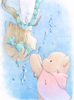 1girl blindfold blush brown_hair chiori_n colored_pencil_(medium) commentary_request doll dress expressionless highres long_hair original profile reaching reaching_towards_another rotational_symmetry stuffed_animal stuffed_toy teddy_bear traditional_media twintails water