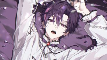 1boy black_nails clothing_cutout commentary_request earrings frilled_shirt_collar frilled_sleeves frills gem hair_between_eyes heart heart_necklace highres horns j168000 jewelry korean_commentary looking_at_viewer male_focus mole mole_on_cheek multicolored_hair necklace open_mouth oto_rainy purple_background purple_eyes purple_gem purple_hair purple_ribbon red_gemstone ribbon skoshism streaked_hair string_of_pearls