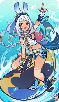 1girl arm_up bad_source blue_hairband body_markings braid dark_skin fingerless_gloves fish-shaped_pupils genshin_impact gloves hairband hawaiian_clothes long_hair looking_at_viewer low_twin_braids mualani_(genshin_impact) official_art open_mouth outdoors red_eyes sitting smile solo tan twin_braids upper_body water white_gloves white_hair