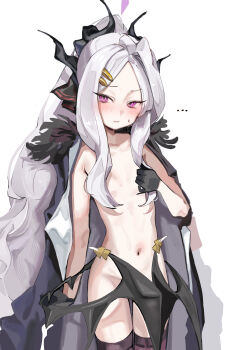 ... 1girl absurdres ahoge black_gloves black_horns black_wings blue_archive blush closed_mouth coa_(35_seno) coat coat_on_shoulders convenient_censoring demon_girl demon_horns demon_wings dot_nose flat_chest gloves hair_ornament hair_over_breasts hairclip halo hand_up highres hina_(blue_archive) horns loli long_hair looking_at_viewer multiple_horns naked_coat navel nude open_clothes open_coat purple_coat purple_eyes simple_background solo standing sweat sweatdrop thighhighs very_long_hair white_background white_hair wings