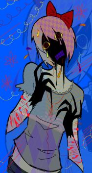 1girl abstract bleeding blood bow clenched_teeth colored_extremities doki_doki_literature_club eye_print grey_shirt hair_bow hands_up head_tilt highres looking_at_viewer mercywerci midriff_peek pink_hair sayori_(doki_doki_literature_club) self-harm shaded_face shirt short_hair tears teeth too_many_eyes wrist_cutting