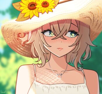Rule 34 | 1girl, bare shoulders, blurry, blurry background, brown hair, collarbone, flower, ginotty, green eyes, hashtag-only commentary, hat, highres, indie virtual youtuber, nimi nightmare, solo, straw hat, sunflower, upper body, virtual youtuber