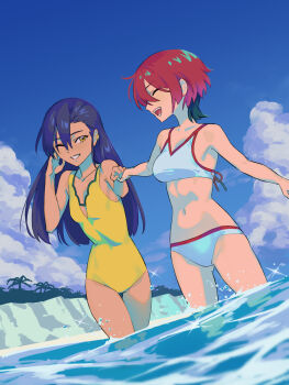 2girls ^_^ amate_yuzuriha bikini blue_hair brown_eyes closed_eyes cloud collarbone commentary cumulonimbus_cloud daoshitaka day gundam gundam_gquuuuuux halterneck highres holding_hands long_hair looking_at_viewer multiple_girls navel nyaan_(gundam_gquuuuuux) ocean one-piece_swimsuit one_eye_closed open_mouth outdoors red_hair sky sparkle standing swimsuit wading white_bikini yellow_one-piece_swimsuit