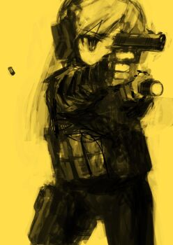 1girl aiming ammunition_pouch cowboy_shot ear_protection flashlight gun handgun holding holding_flashlight holding_gun holding_weapon holster lm7_(op-center) long_hair original pouch serious shell_casing simple_background straight_hair tactical_clothes thigh_holster weapon yellow_background