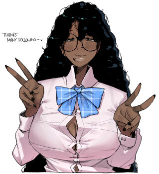 1girl black-framed_eyewear black_hair black_nails blue_ribbon breasts broccoli_(ohasi) cleavage collared_shirt commentary dark-skinned_female dark_skin double_v english_text face_piercing fingernails glasses hair_between_eyes hands_up highres kinky_hair labret_piercing large_breasts lip_piercing long_fingernails long_hair long_sleeves looking_at_viewer milestone_celebration nail_polish neck_ribbon nose_piercing nostril_piercing ohasi original parted_lips piercing pink_shirt ribbon round_eyewear school_uniform shirt smile solo symbol-only_commentary taut_clothes taut_shirt thank_you thick_lips tight_clothes tight_shirt upper_body v very_dark_skin
