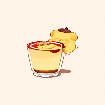 :3 beret brown_hat closed_eyes commentary food hat no_humans pink_background pompompurin pudding sanrio signature simple_background tenmiyakiyo
