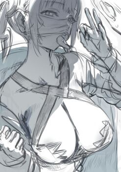 1girl bandeau breasts canari_(pokemon) cleavage commentary english_commentary fellatio_gesture hews highres jacket large_breasts looking_at_viewer mask mask_lift monochrome mouth_mask nintendo piercing pokemon pokemon_legends:_z-a sketch solo tongue tongue_out tongue_piercing twintails unfinished upper_body