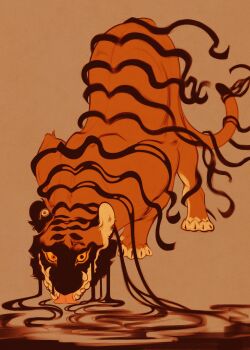 animal_focus brown_background commentary dream_tiger_(govy9807) english_commentary extra_eyes full_body highres liquid looking_at_viewer monster monster_focus no_humans original sharp_teeth simple_background solo teeth tiger tongue tongue_out tusks vincent1vintage yellow_eyes