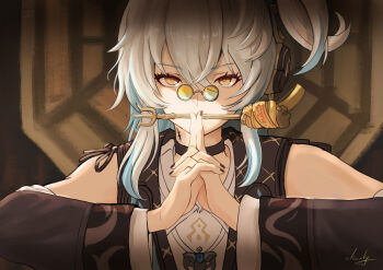 1girl absurdres bare_shoulders bell black_choker black_jacket black_nails blue_hair buling_(wuthering_waves) choker chucky_(chucky1000sun) commentary_request detached_sleeves glasses hair_between_eyes headphones highres jacket long_hair looking_at_viewer mouth_hold nail_polish own_hands_together pince-nez round_eyewear signature solo sunglasses tacet_mark_(wuthering_waves) upper_body wuthering_waves yellow_eyes