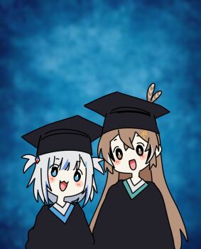 1girl 2girls :3 alternate_costume black_robe blue_eyes blue_hair blush brown_eyes brown_hair feather_hair_ornament feathers gawr_gura graduation hair_ornament hat hololive hololive_english large_hat long_hair looking_at_viewer mortarboard multicolored_hair multiple_girls nanashi_mumei nanashi_mumei_(artist) open_mouth robe short_hair smile streaked_hair twintails very_long_hair virtual_youtuber