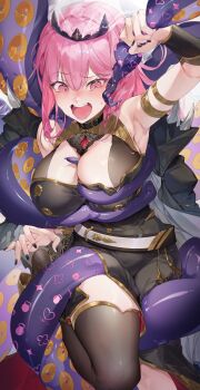1girl absurdres armlet armpit_crease armpits bare_shoulders belt between_breasts black_choker black_dress black_nails black_thighhighs black_tiara blush bracer breasts chap_sal_! choker cleavage commentary dress fang fingernails furrowed_brow hair_between_eyes highres holding_tentacle hololive hololive_english jewelry large_breasts leg_up long_hair mori_calliope mori_calliope_(1st_costume) nail_polish ninomae_ina&#039;nis open_mouth pink_eyes pink_hair sleeveless sleeveless_dress solo_focus teeth tentacle_between_breasts tentacles thighhighs thighs tiara veil virtual_youtuber white_veil