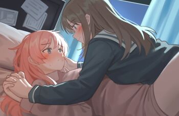 2girls bang_dream! bang_dream!_it's_mygo!!!!! bed blue_eyes blue_shirt brown_hair chihaya_anon commentary_request grey_eyes indoors interlocked_fingers long_hair long_sleeves lying milktea_(gggrrr2000) multiple_girls nagasaki_soyo pajamas pillow pink_hair school_uniform shirt tsukinomori_school_uniform yuri